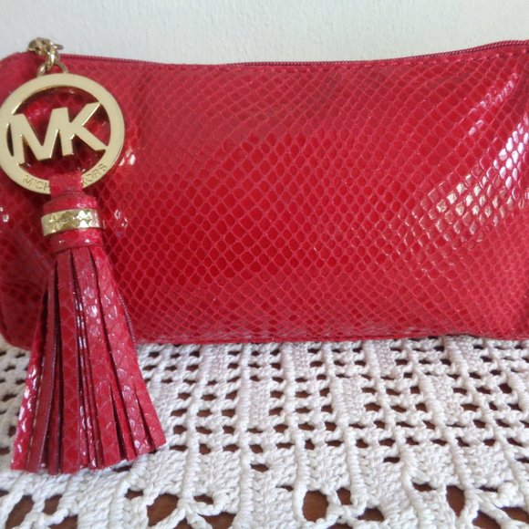 Michael Kors Clutch Evening Bag Cosmetic Case Make Up Pouch Red Snakeskin Look - Picture 12 of 12